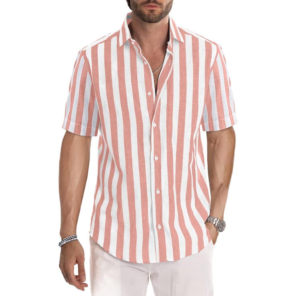 imageJMIERR Mens Casual Stylish Short Sleeve ButtonUp Striped Dress Shirts Cotton Beach ShirtA1 Pink