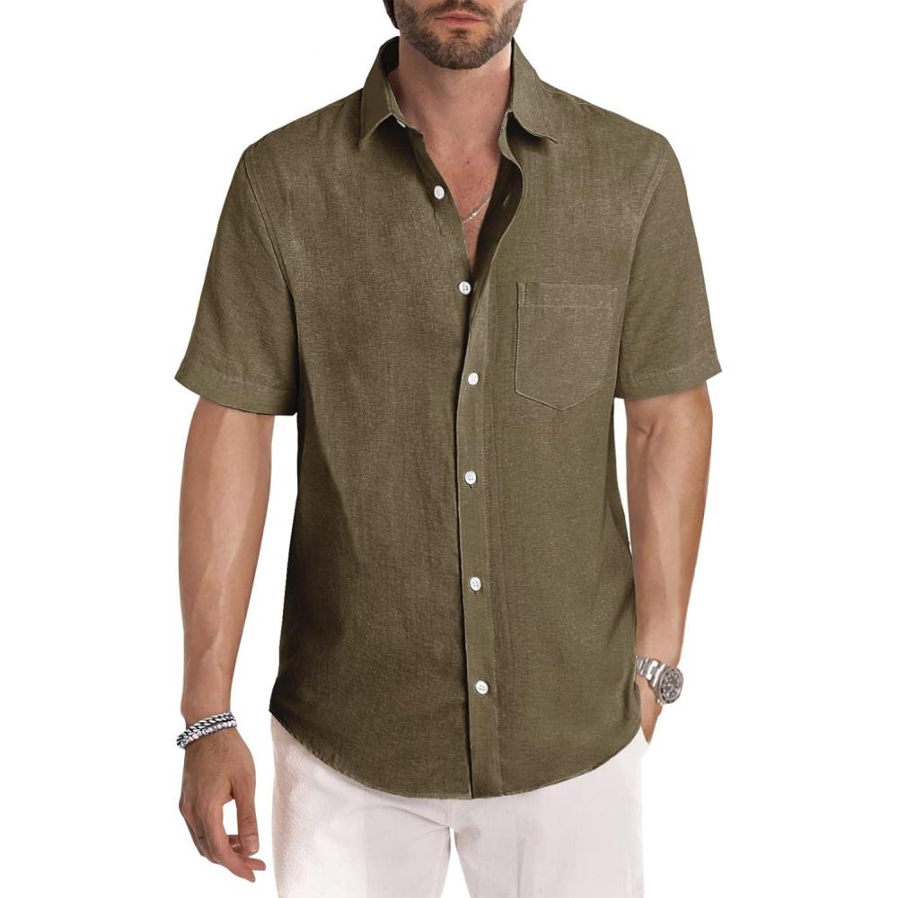 imageJMIERR Mens Casual Stylish Short Sleeve ButtonUp Striped Dress Shirts Cotton Beach ShirtBrown