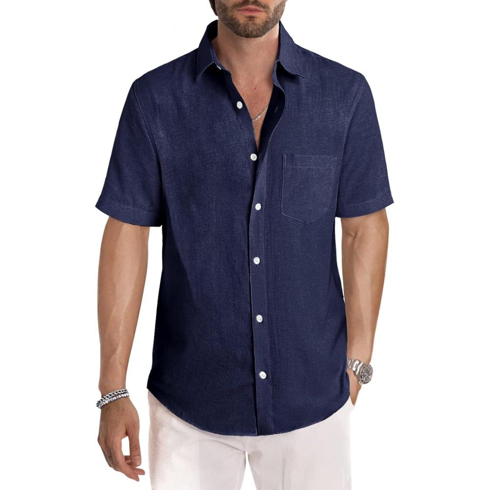 imageJMIERR Mens Casual Stylish Short Sleeve ButtonUp Striped Dress Shirts Cotton Beach ShirtDark Blue