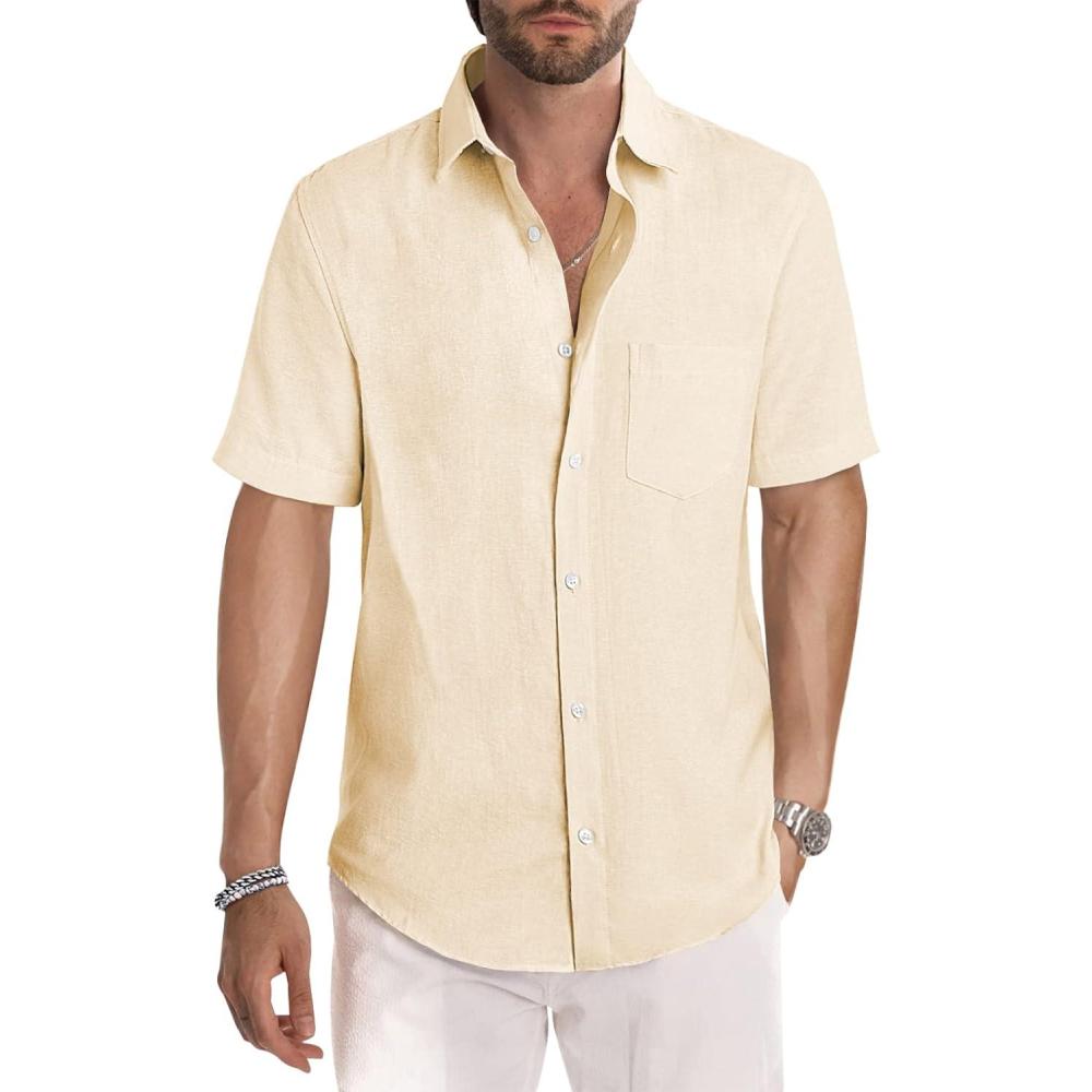 imageJMIERR Mens Casual Stylish Short Sleeve ButtonUp Striped Dress Shirts Cotton Beach ShirtKhaki