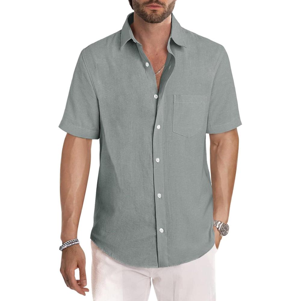 imageJMIERR Mens Casual Stylish Short Sleeve ButtonUp Striped Dress Shirts Cotton Beach ShirtLight Grey