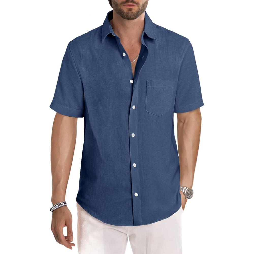 imageJMIERR Mens Casual Stylish Short Sleeve ButtonUp Striped Dress Shirts Cotton Beach ShirtNavy Blue
