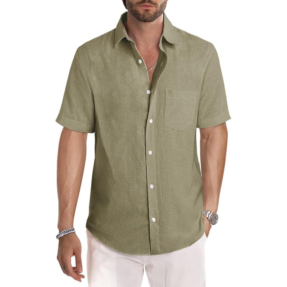 imageJMIERR Mens Casual Stylish Short Sleeve ButtonUp Striped Dress Shirts Cotton Beach ShirtOlive Green