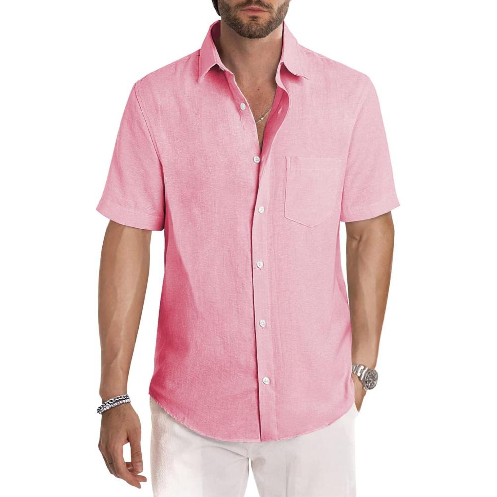 imageJMIERR Mens Casual Stylish Short Sleeve ButtonUp Striped Dress Shirts Cotton Beach ShirtPink