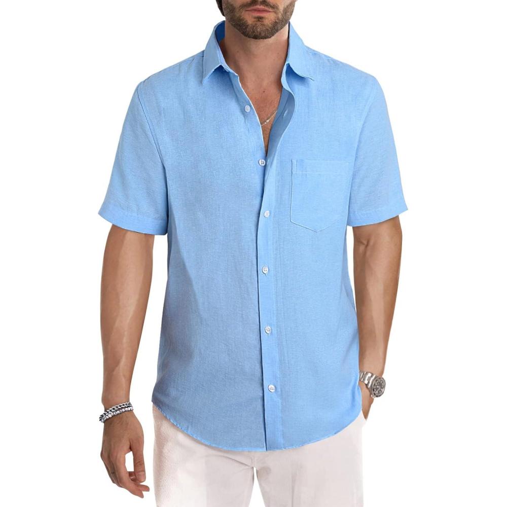 imageJMIERR Mens Casual Stylish Short Sleeve ButtonUp Striped Dress Shirts Cotton Beach ShirtSky Blue