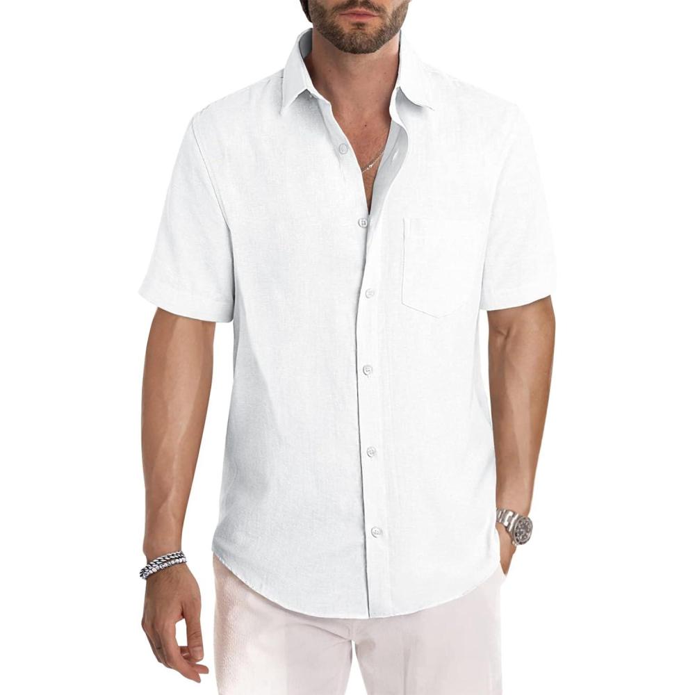 imageJMIERR Mens Casual Stylish Short Sleeve ButtonUp Striped Dress Shirts Cotton Beach ShirtWhite