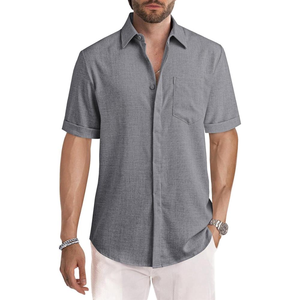 imageJMIERR Mens Casual Stylish Short Sleeve ButtonUp Striped Dress Shirts Cotton Beach ShirtZ Dark Grey