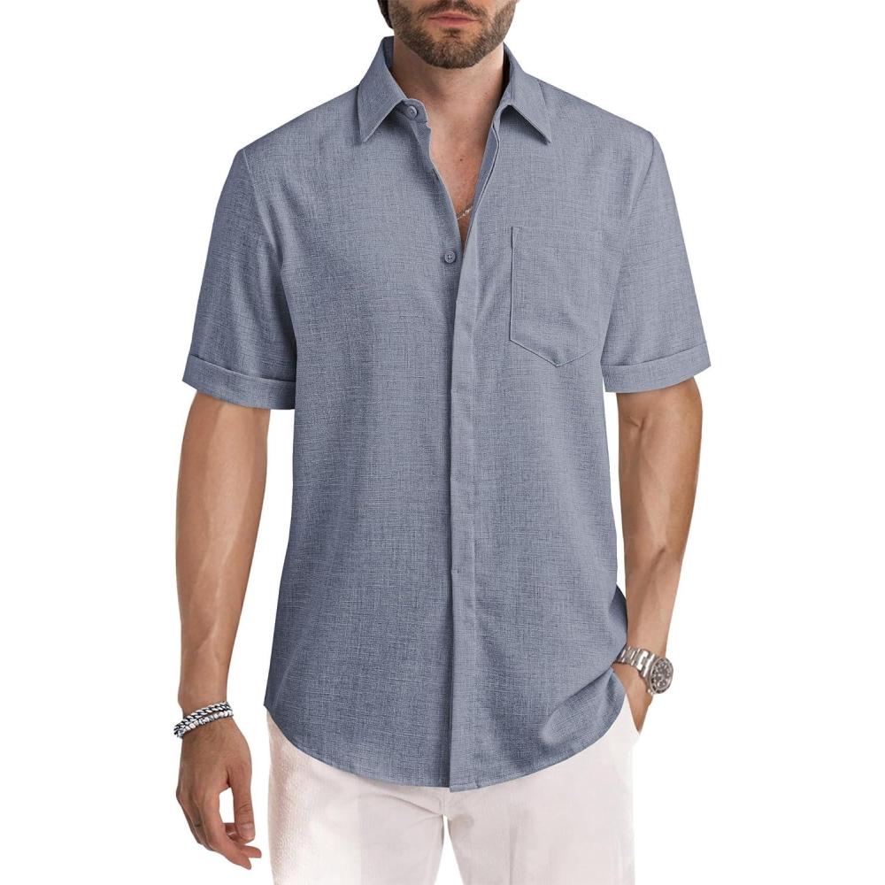 imageJMIERR Mens Casual Stylish Short Sleeve ButtonUp Striped Dress Shirts Cotton Beach ShirtZ Dirty Blue