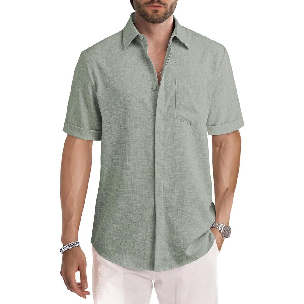 imageJMIERR Mens Casual Stylish Short Sleeve ButtonUp Striped Dress Shirts Cotton Beach ShirtZ Laurel Green