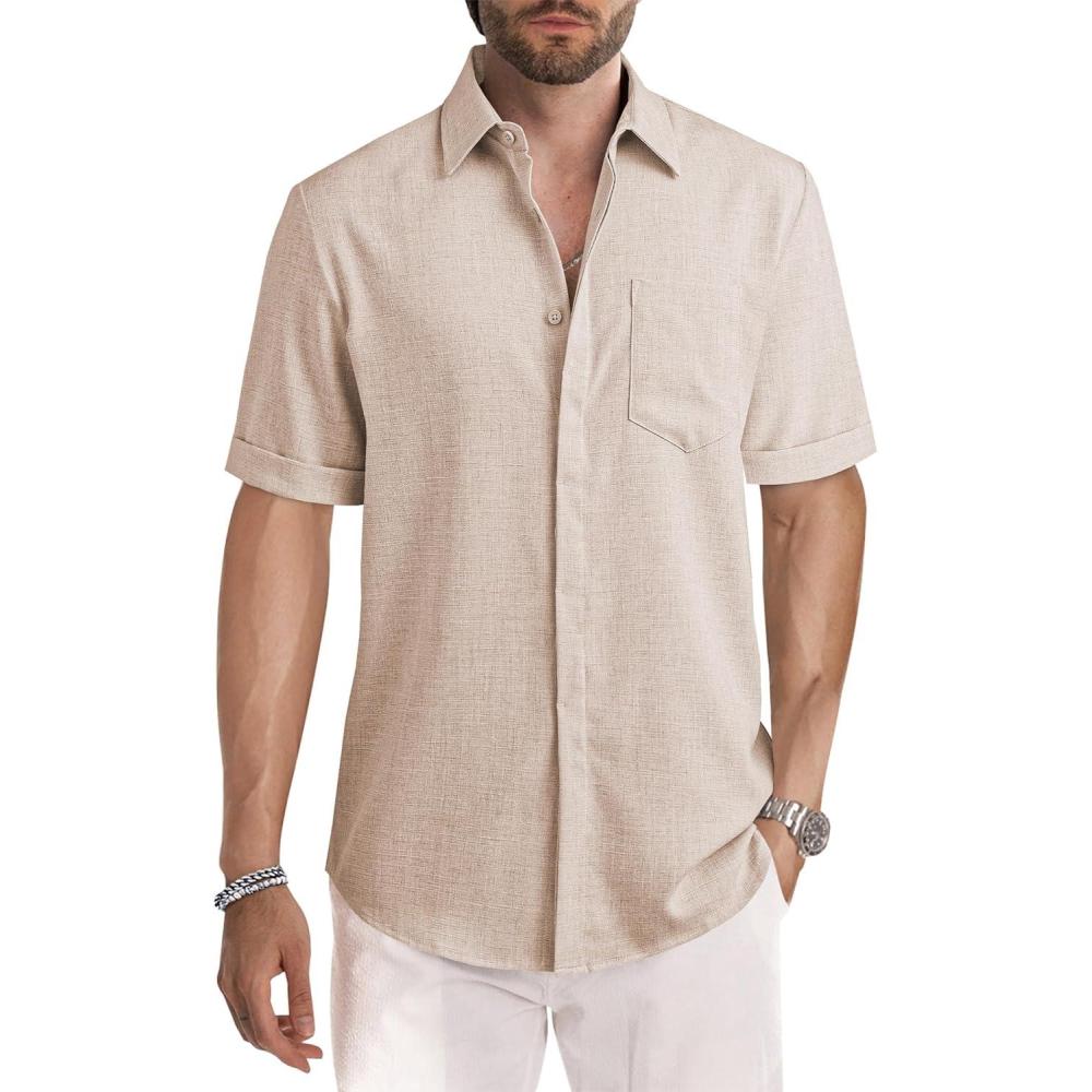 imageJMIERR Mens Casual Stylish Short Sleeve ButtonUp Striped Dress Shirts Cotton Beach ShirtZ Parchment