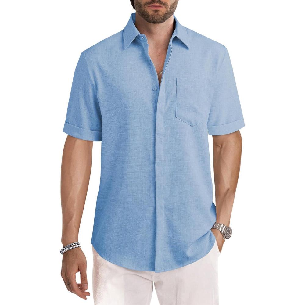 imageJMIERR Mens Casual Stylish Short Sleeve ButtonUp Striped Dress Shirts Cotton Beach ShirtZ Sky Blue