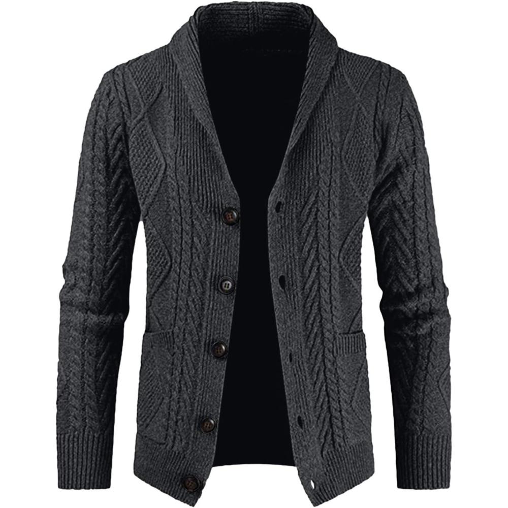 imageJMIERR Mens Casual Wool Blend Cardigan Sweaters Long Sleeve Shawl Collar Buttons Down Cable Knit Sweater2 Dark Grey
