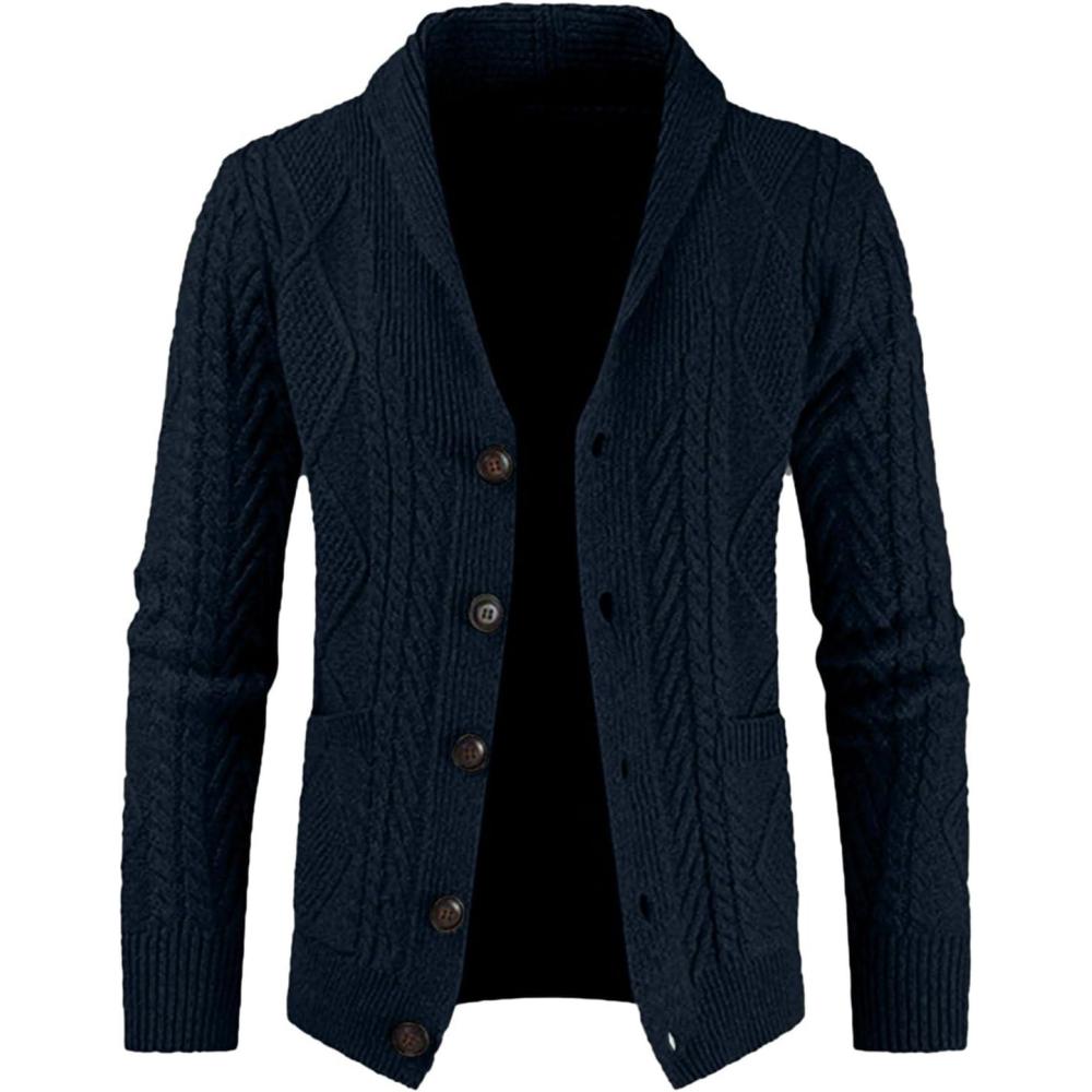 imageJMIERR Mens Casual Wool Blend Cardigan Sweaters Long Sleeve Shawl Collar Buttons Down Cable Knit Sweater3 Blue