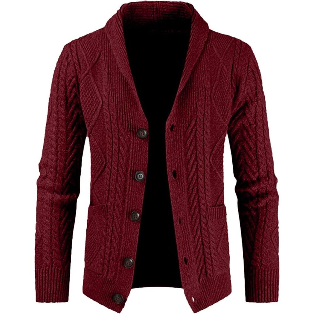 imageJMIERR Mens Casual Wool Blend Cardigan Sweaters Long Sleeve Shawl Collar Buttons Down Cable Knit SweaterC Red