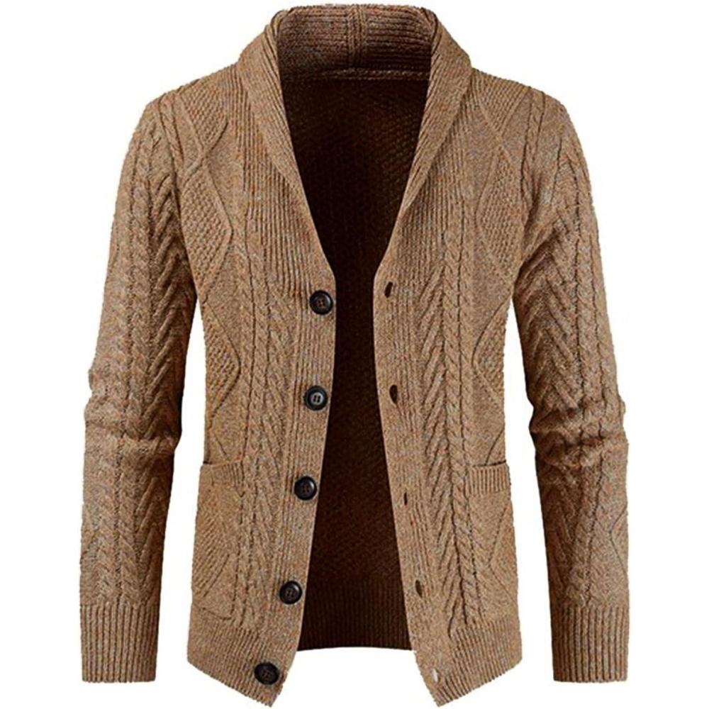 imageJMIERR Mens Casual Wool Blend Cardigan Sweaters Long Sleeve Shawl Collar Buttons Down Cable Knit SweaterD Khaki