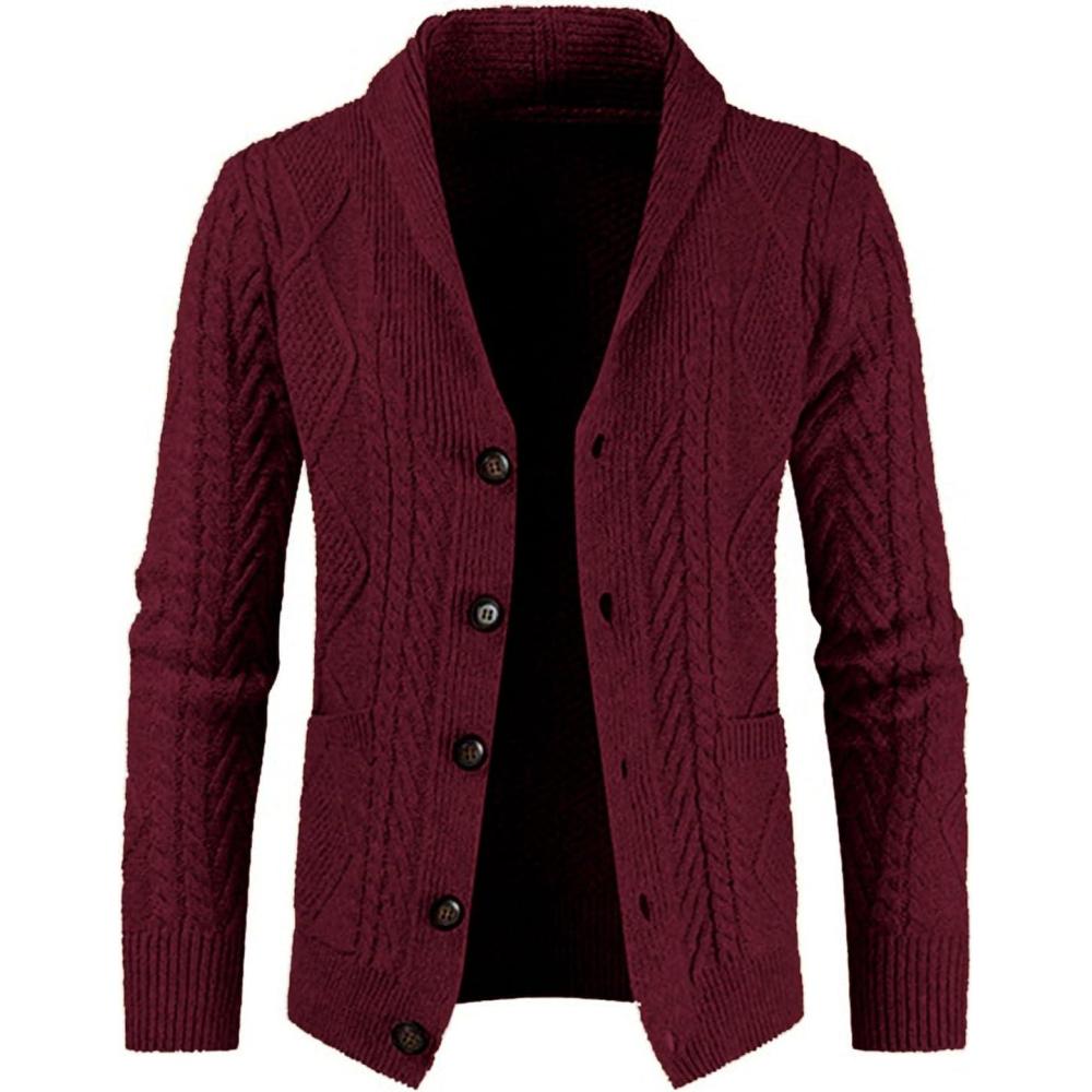 imageJMIERR Mens Casual Wool Blend Cardigan Sweaters Long Sleeve Shawl Collar Buttons Down Cable Knit SweaterD Red