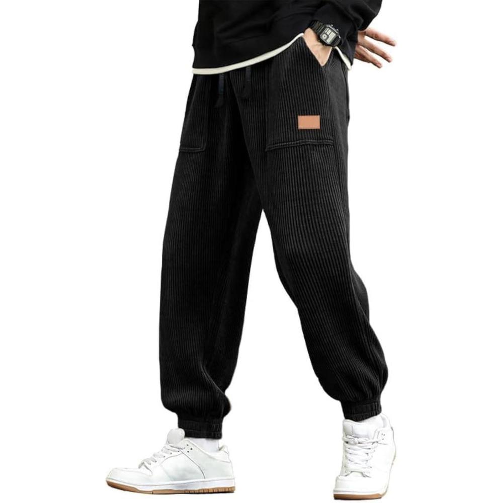 imageJMIERR Mens Corduroy Joggers Pants Casual Cargo Pants Drawstring Elastic Waist Baggy Tapered Sweatpants with PocketsBlack