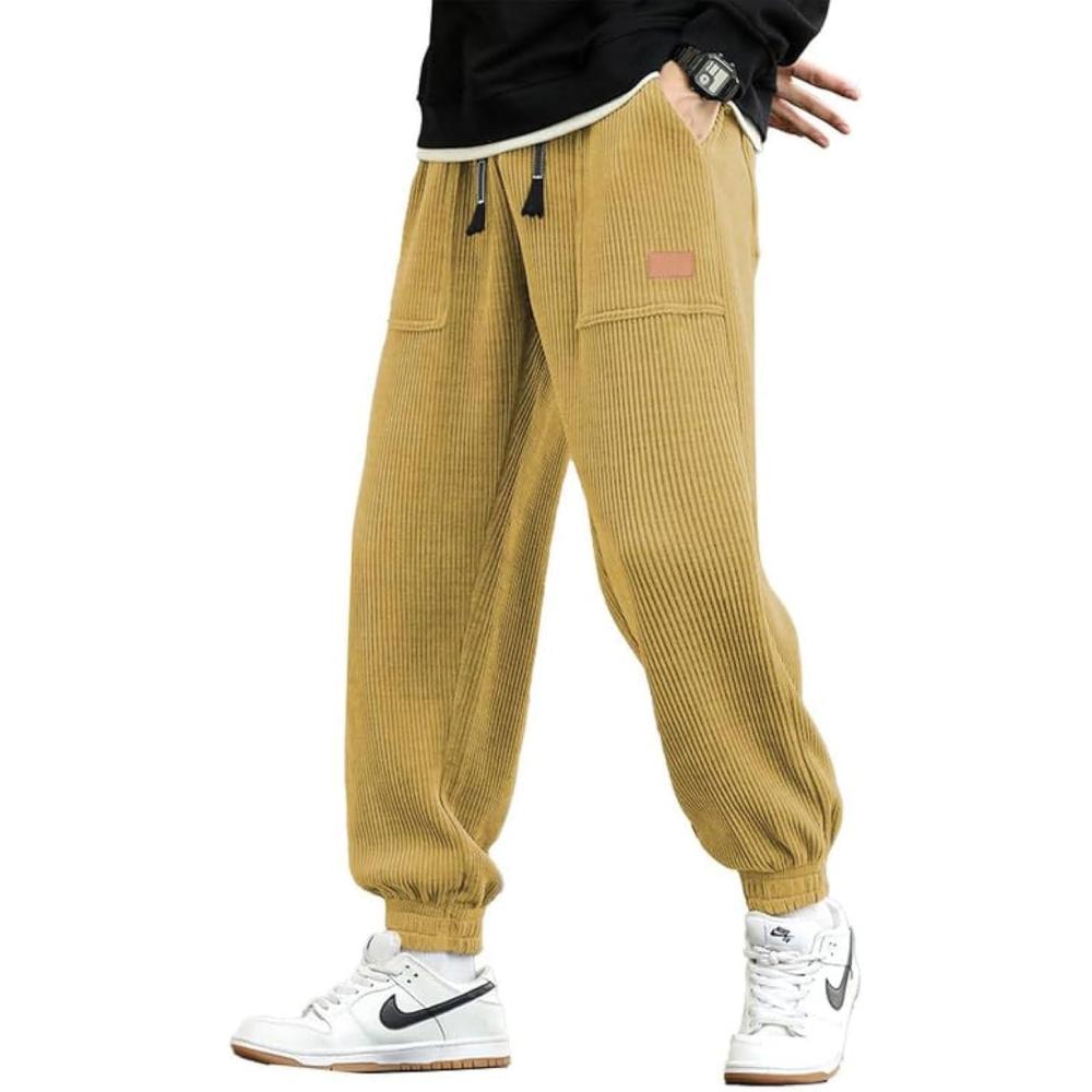 imageJMIERR Mens Corduroy Joggers Pants Casual Cargo Pants Drawstring Elastic Waist Baggy Tapered Sweatpants with PocketsGinger Yellow