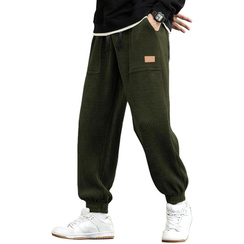 imageJMIERR Mens Corduroy Joggers Pants Casual Cargo Pants Drawstring Elastic Waist Baggy Tapered Sweatpants with PocketsMoss Green