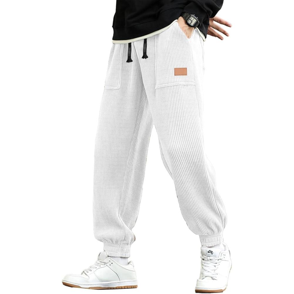 imageJMIERR Mens Corduroy Joggers Pants Casual Cargo Pants Drawstring Elastic Waist Baggy Tapered Sweatpants with PocketsWhite