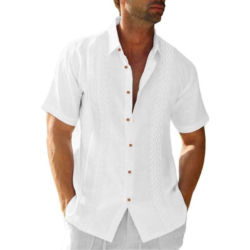 imageJMIERR Mens Cotton Linen Guayabera Shirts Casual Button Up Short Sleeve Summer Beach ShirtA White