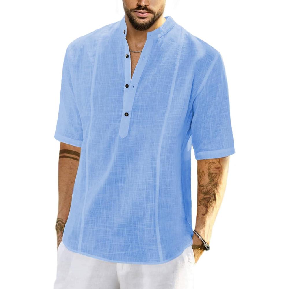 imageJMIERR Mens Cotton Linen Henley Shirt Casual Button Down Short Sleeve Tropical Shirts Summer Beach T ShirtsB Sky Blue