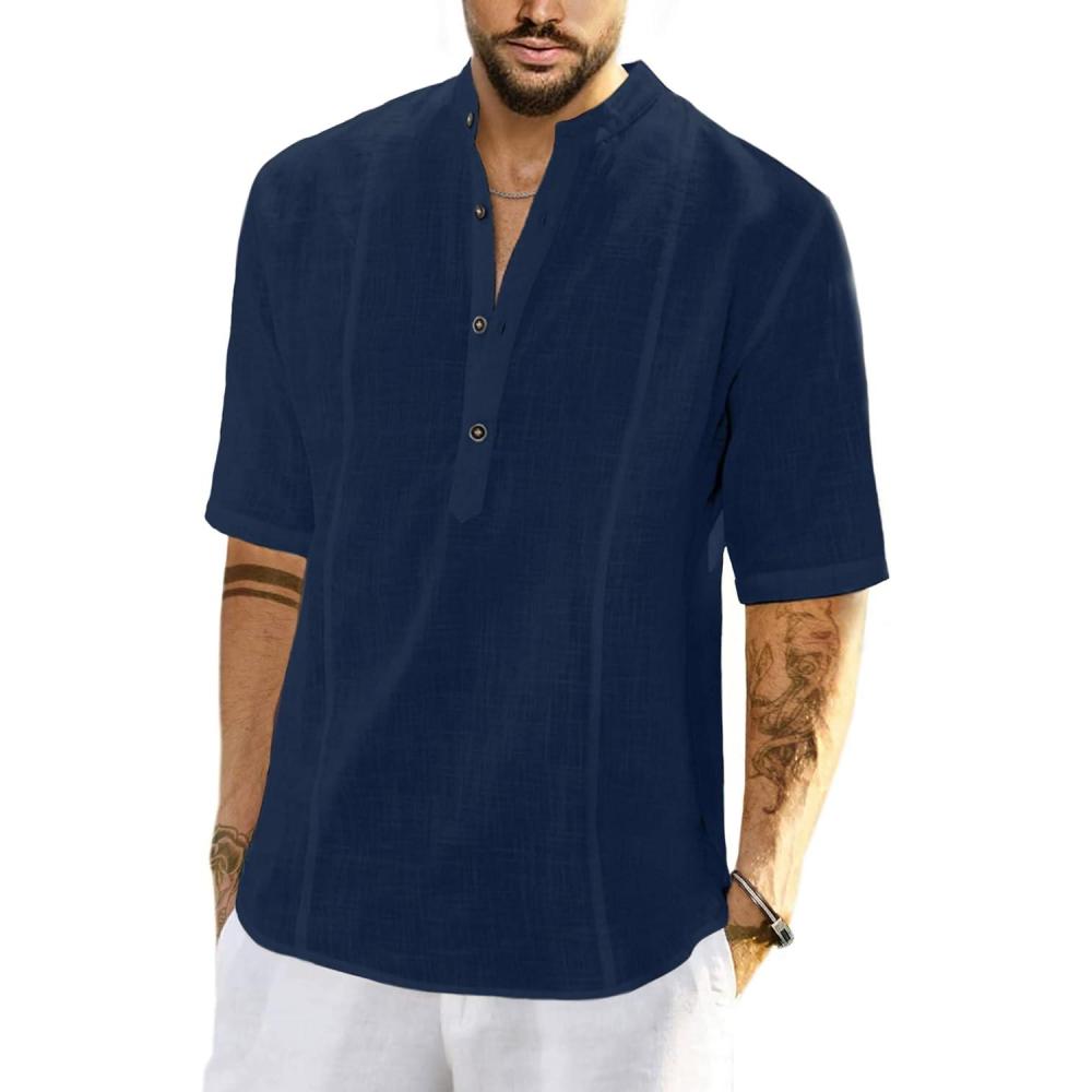 imageJMIERR Mens Cotton Linen Henley Shirt Casual Button Down Short Sleeve Tropical Shirts Summer Beach T ShirtsC Blue