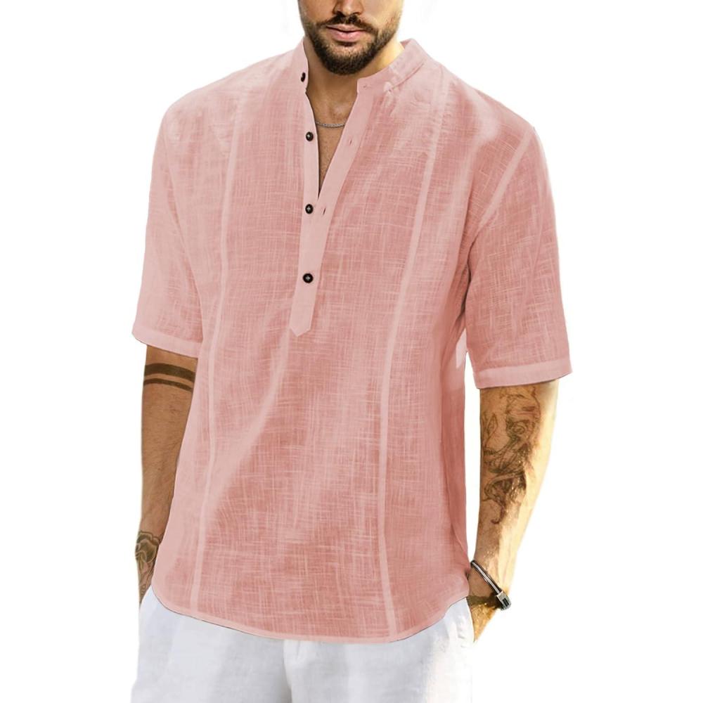 imageJMIERR Mens Cotton Linen Henley Shirt Casual Button Down Short Sleeve Tropical Shirts Summer Beach T ShirtsC Pink