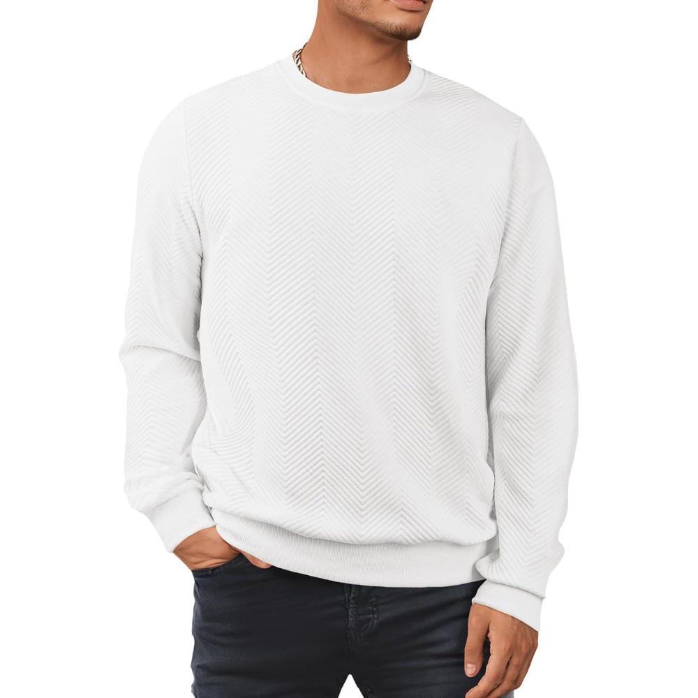 imageJMIERR Mens Crewneck Sweatshirt Casual Long Sleeve Texture Pullover Shirt for MenWhite