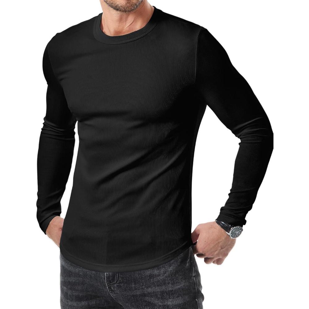 imageJMIERR Mens Fall Crewneck Shirt Long Sleeve AntiWrinkle Casual Muscle T Shirts Longline Ribbed Shirts0 Black