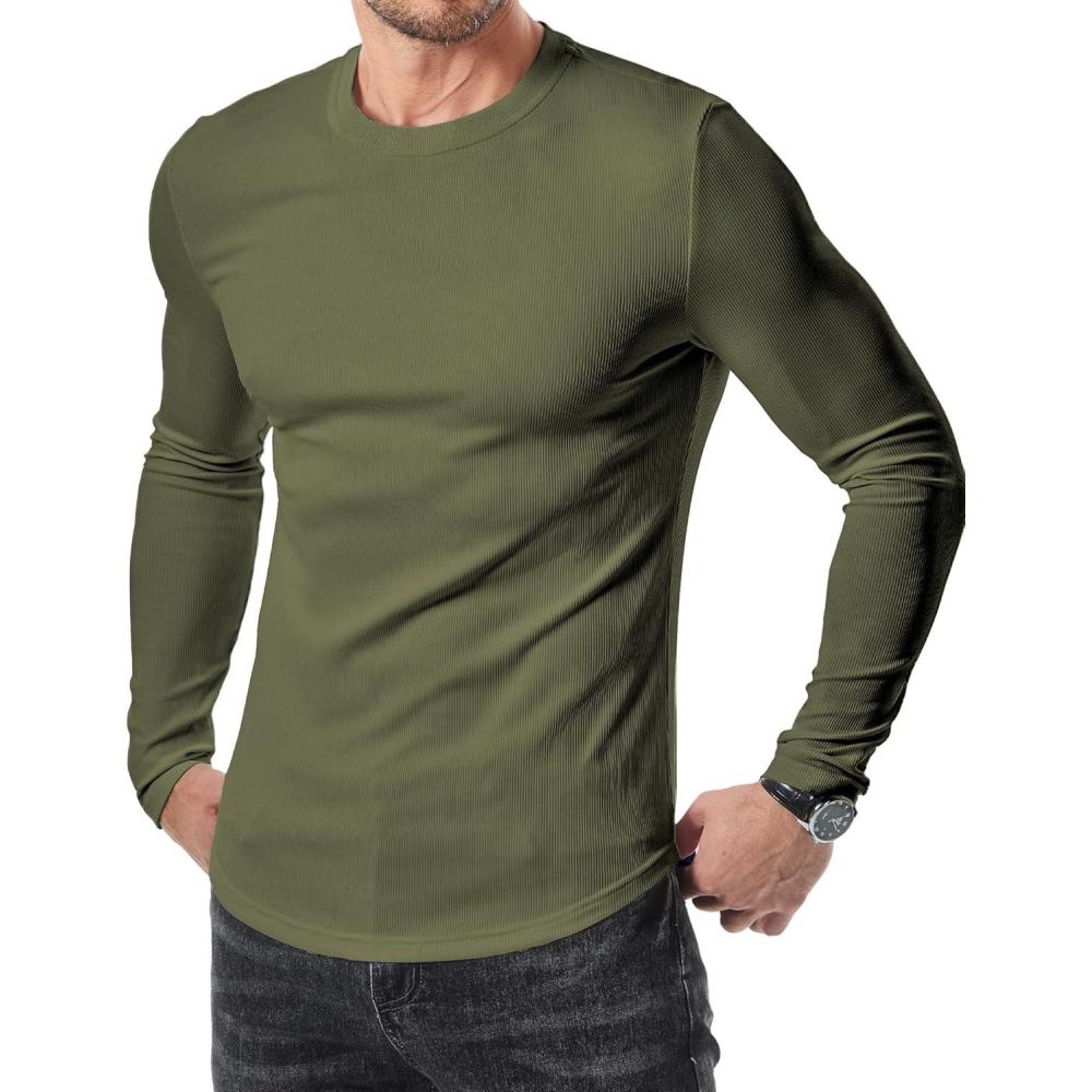 imageJMIERR Mens Fall Crewneck Shirt Long Sleeve AntiWrinkle Casual Muscle T Shirts Longline Ribbed Shirts03 Army Green