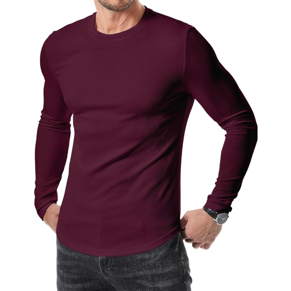 imageJMIERR Mens Fall Crewneck Shirt Long Sleeve AntiWrinkle Casual Muscle T Shirts Longline Ribbed Shirts04 Burgundy