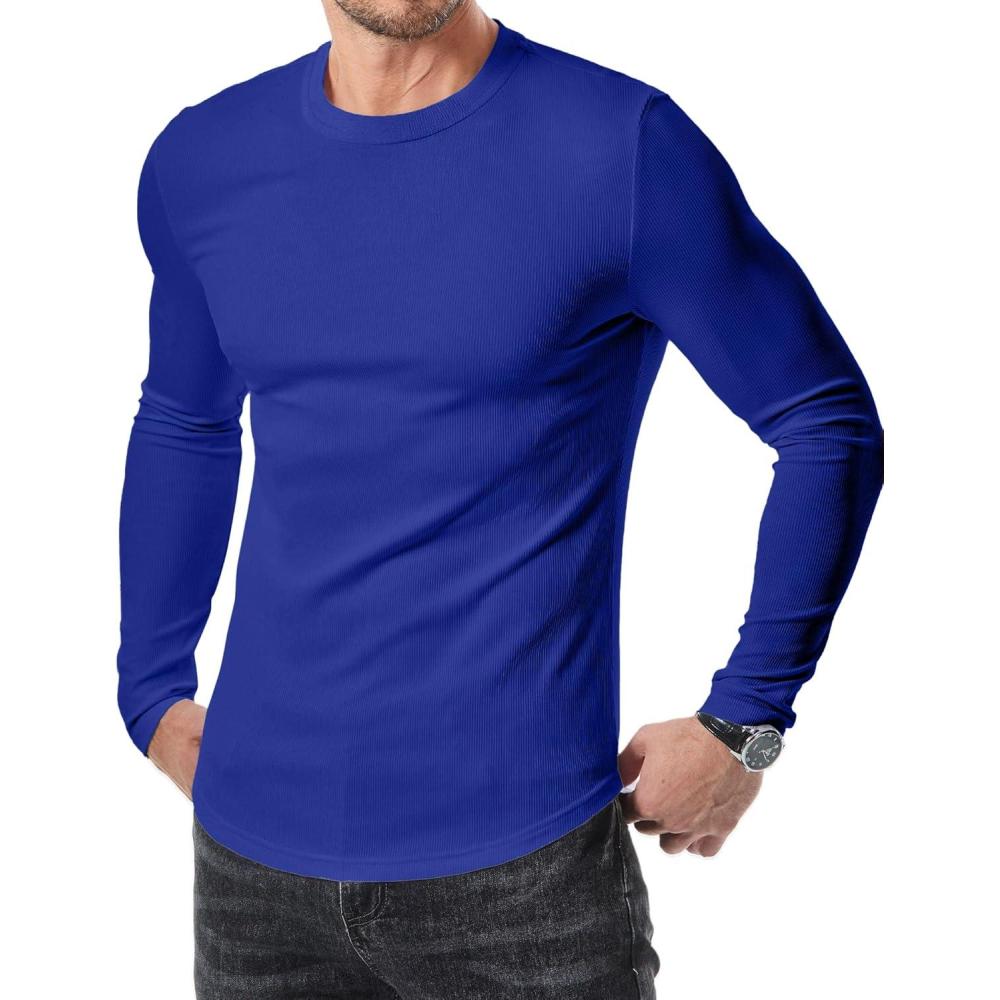 imageJMIERR Mens Fall Crewneck Shirt Long Sleeve AntiWrinkle Casual Muscle T Shirts Longline Ribbed ShirtsDark Blue
