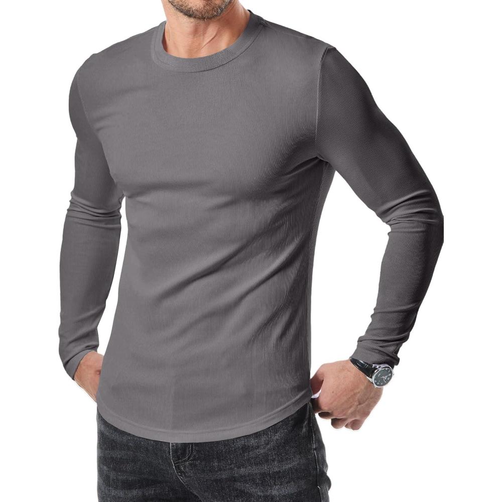 imageJMIERR Mens Fall Crewneck Shirt Long Sleeve AntiWrinkle Casual Muscle T Shirts Longline Ribbed ShirtsMedium Grey