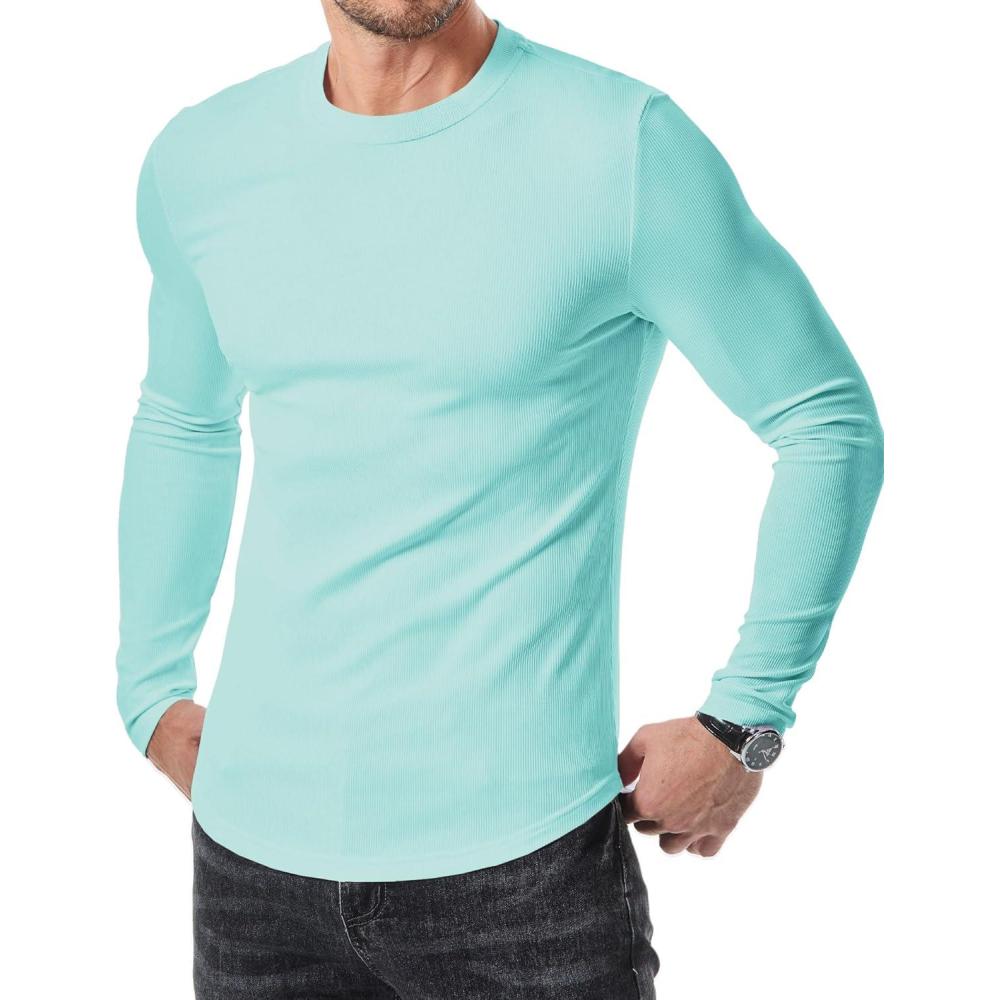 imageJMIERR Mens Fall Crewneck Shirt Long Sleeve AntiWrinkle Casual Muscle T Shirts Longline Ribbed ShirtsMint Green