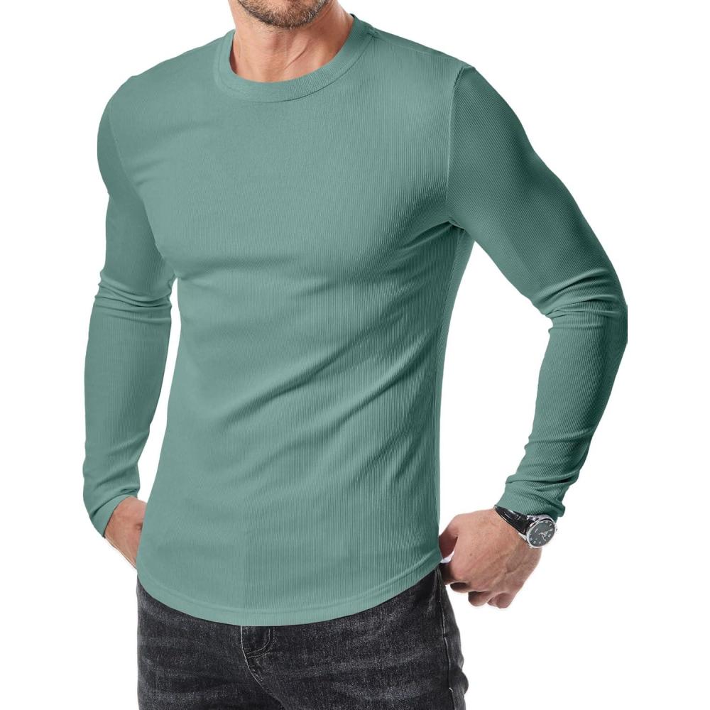 imageJMIERR Mens Fall Crewneck Shirt Long Sleeve AntiWrinkle Casual Muscle T Shirts Longline Ribbed ShirtsMist Green