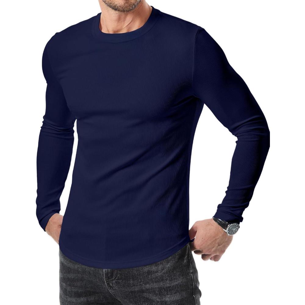 imageJMIERR Mens Fall Crewneck Shirt Long Sleeve AntiWrinkle Casual Muscle T Shirts Longline Ribbed ShirtsNavy Blue