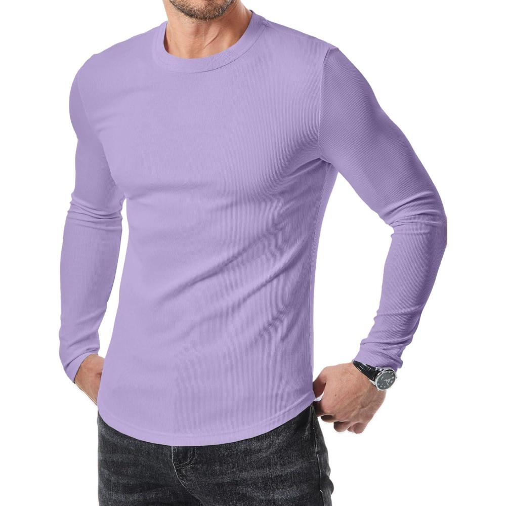 imageJMIERR Mens Fall Crewneck Shirt Long Sleeve AntiWrinkle Casual Muscle T Shirts Longline Ribbed ShirtsOrchid Purple