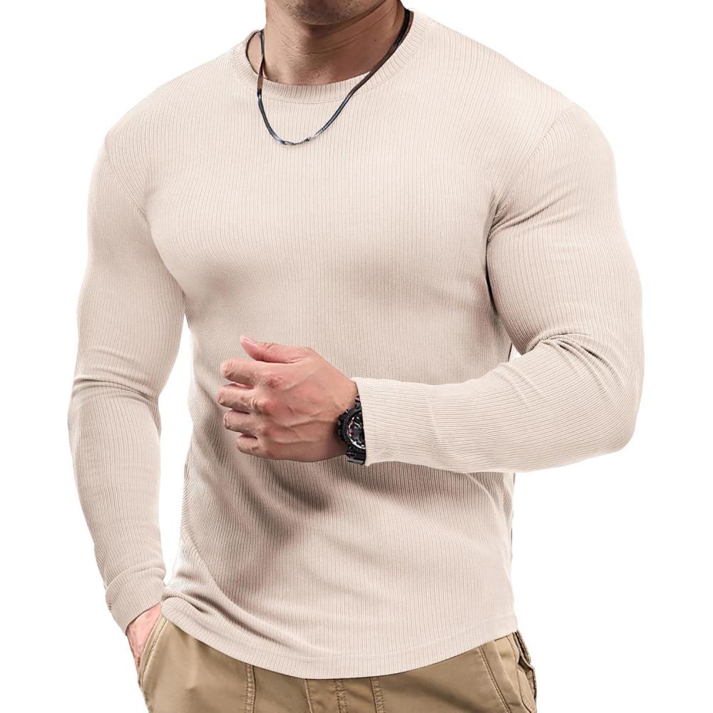 imageJMIERR Mens Fall Crewneck Shirt Long Sleeve AntiWrinkle Casual Muscle T Shirts Workout Slim FittedA Beige