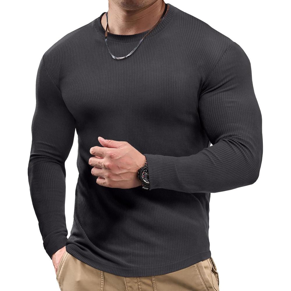 imageJMIERR Mens Fall Crewneck Shirt Long Sleeve AntiWrinkle Casual Muscle T Shirts Workout Slim FittedA Grey