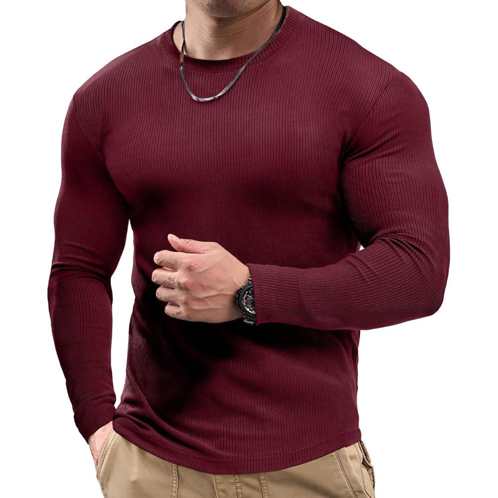 imageJMIERR Mens Fall Crewneck Shirt Long Sleeve AntiWrinkle Casual Muscle T Shirts Workout Slim FittedB Red