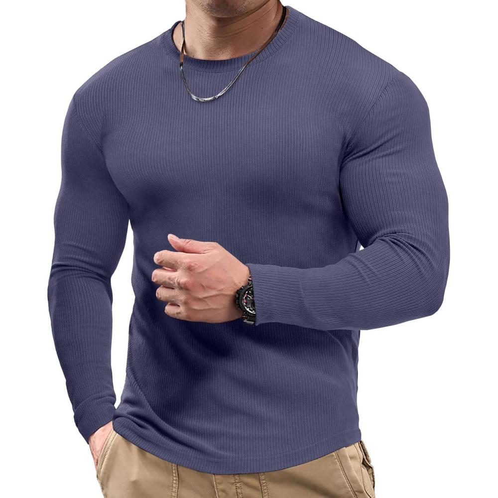 imageJMIERR Mens Fall Crewneck Shirt Long Sleeve AntiWrinkle Casual Muscle T Shirts Workout Slim FittedC Blue 2