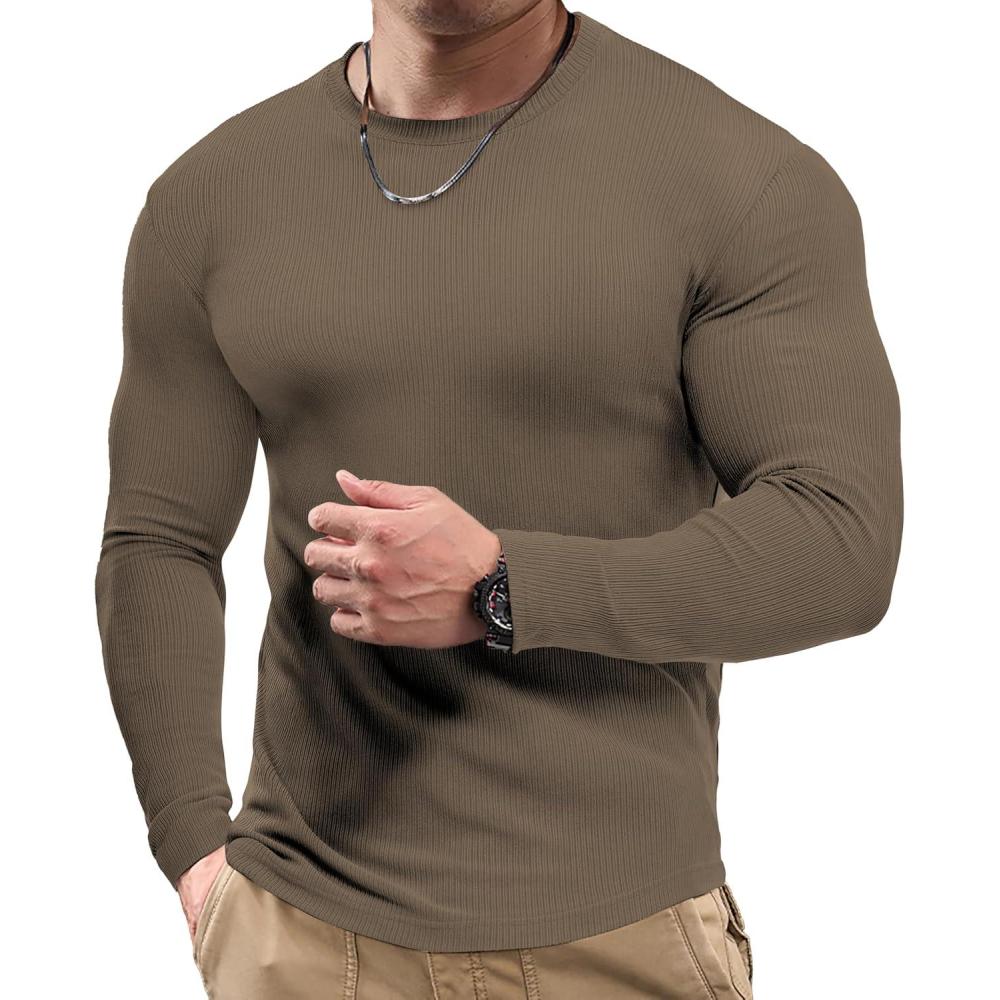 imageJMIERR Mens Fall Crewneck Shirt Long Sleeve AntiWrinkle Casual Muscle T Shirts Workout Slim FittedF Cocoa Brown