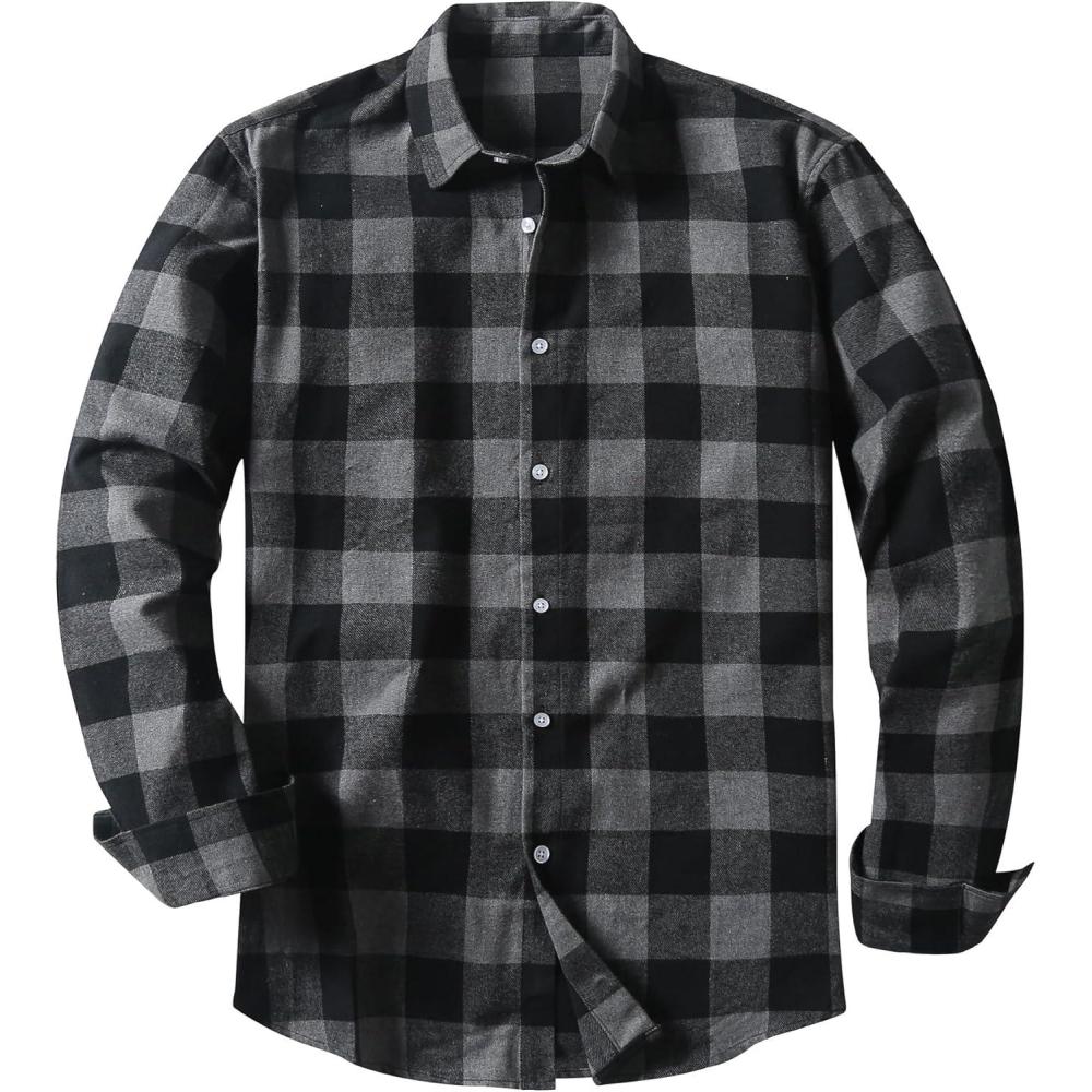 imageJMIERR Mens Flannel Shirts Casual Long Sleeve ButtonDown Plaid Brushed Cotton ShirtB Black