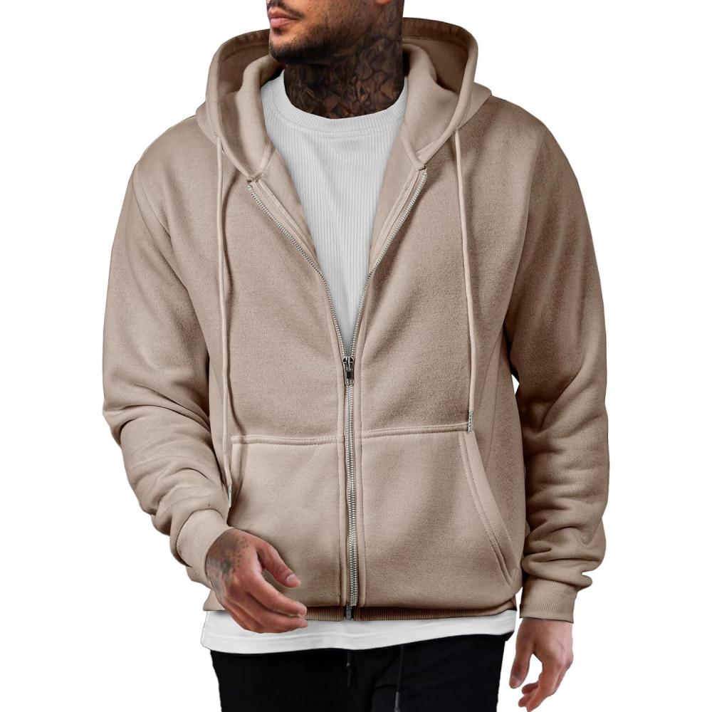 imageJMIERR Mens Full Zip Casual Cotton Hooded Fleece Drawstring Hoodies Pullover Sweatshirts Casual Long Sleeve ShirtsParchment