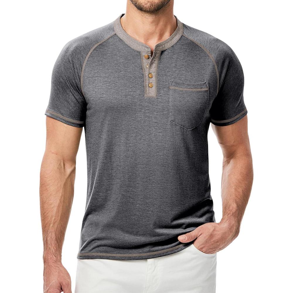 imageJMIERR Mens Henley LongShort Sleeve TShirt Stretch Cotton Casual Pullover Tee Shirts with Pockets1a Grey