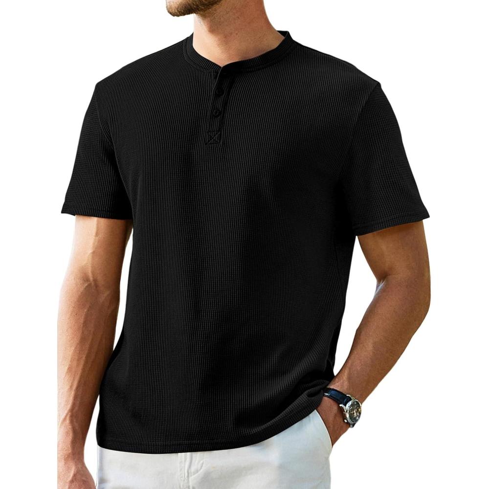 imageJMIERR Mens Henley Shirts Waffle Cotton Crewneck TShirt Gym Workout Athletic Shirt Tees with ButtonBlack