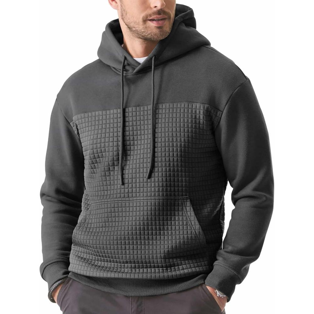 imageJMIERR Mens Hooded Sweatshirt Casual Cotton Long Sleeve Drawstring Fleece Waffle Pullover Hoodies with PocketsA Dark Grey