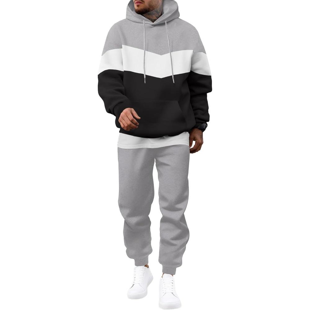 imageJMIERR Mens Hoodie Tracksuit 2 Pieces Set Novelty Color Block Pullover Fleece Hoodies Long Sleeve Casual SweatshirtGray