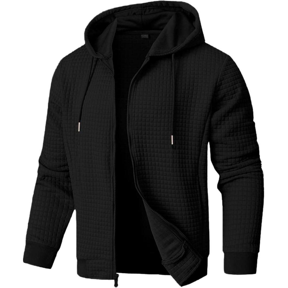 imageJMIERR Mens Jacquard Plaid Hoodie Long Sleeve Drawstring Casual Hooded Sweatshirts Jackets with PocketsBlack